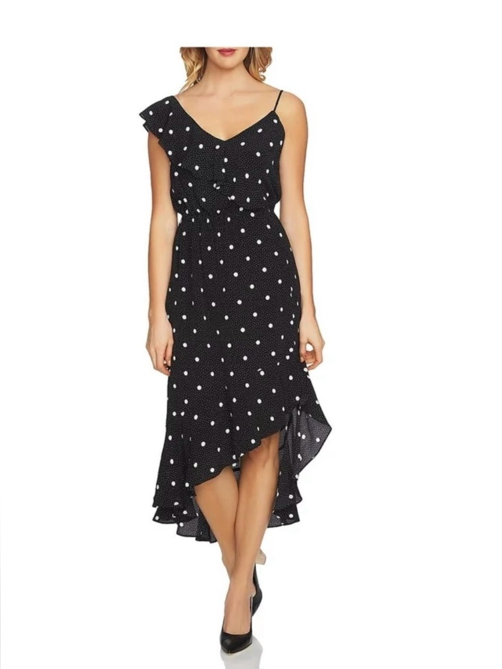 1 State Polka Dot High-Low Ruffle Midi Dress - Black